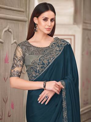 Teal satin silk blend embroidered sequins work saree 2