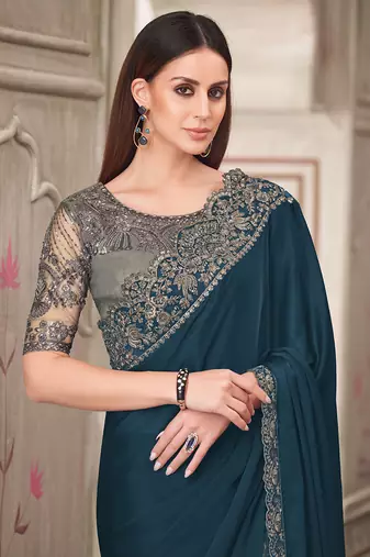 Teal satin silk blend embroidered sequins work saree