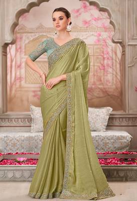 Chiffon silk blend embroidered saree in olive 1