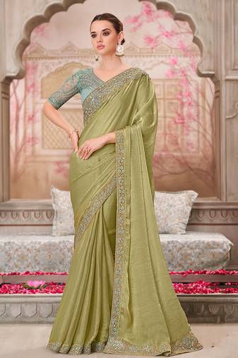 Chiffon silk embroidered contemporary saree in olive