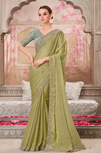 Chiffon silk embroidered contemporary saree in olive