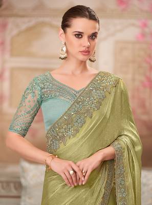 Chiffon silk blend embroidered saree in olive 2