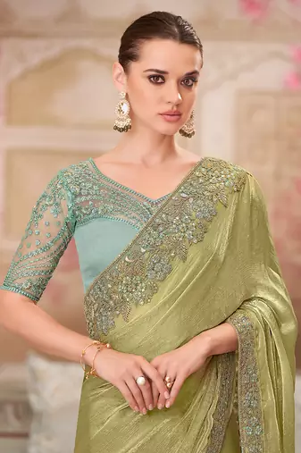 Chiffon silk blend embroidered saree in olive