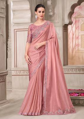 Georgette satin embroidered saree in powder pink 1