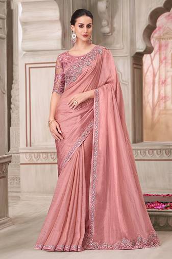 Georgette satin embroidered trendy saree in powder pink