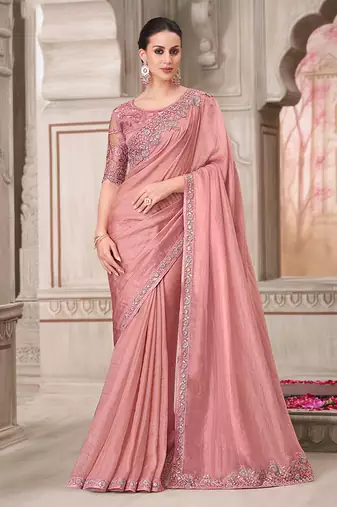 Georgette satin embroidered trendy saree in powder pink