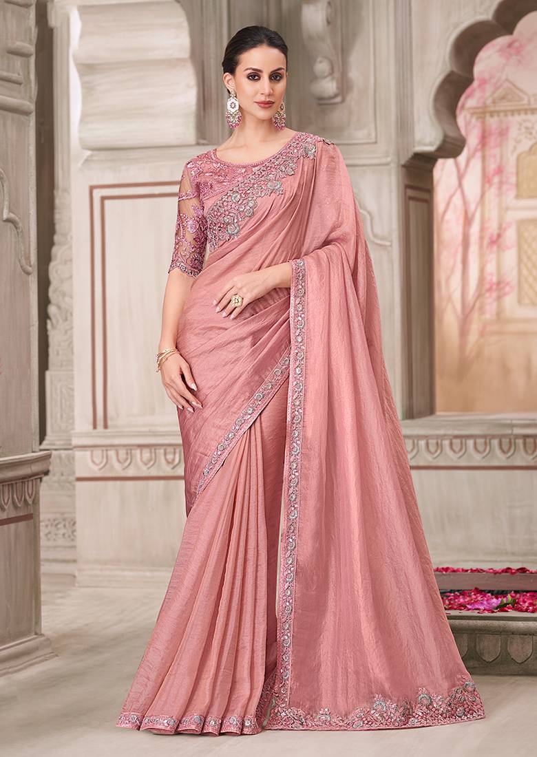 Georgette satin embroidered trendy saree in powder pink