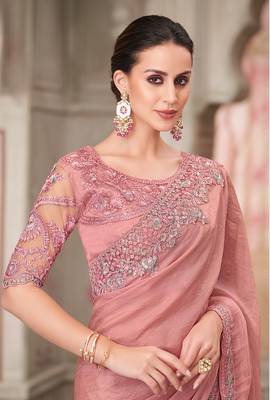 Georgette satin embroidered saree in powder pink 2