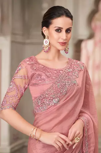 Georgette satin embroidered saree in powder pink