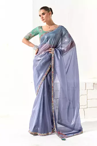 Tissue light lavender embroidered border contemporary saree