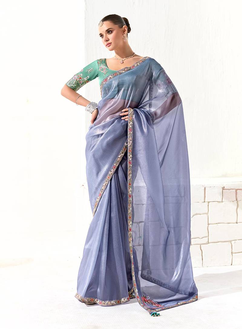 Tissue light lavender embroidered border contemporary saree