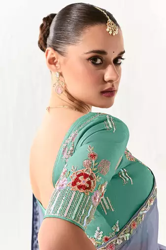 Tissue light lavender embroidered border work saree