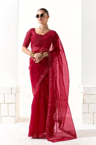 Embroidered dark red tissue organza classic saree