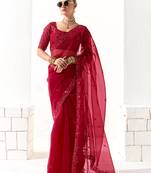 Embroidered dark red tissue organza classic saree