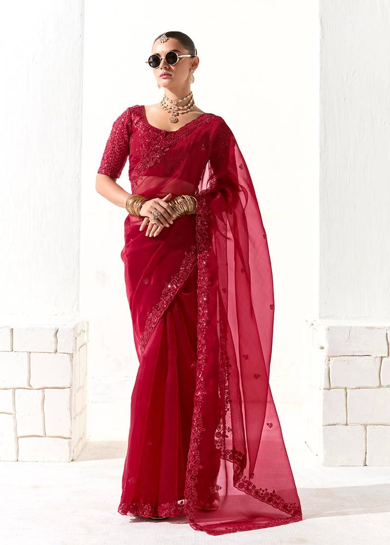 Embroidered dark red tissue organza classic saree