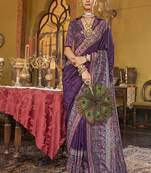 Silk blend dark purple printed contemporary saree