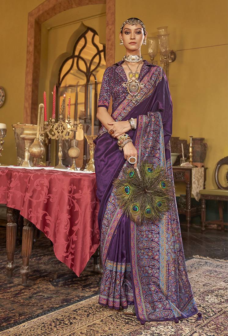 Silk blend dark purple printed contemporary saree