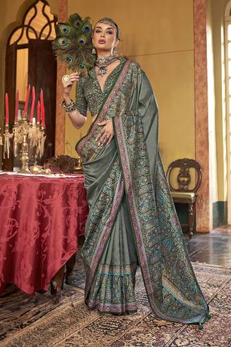 Silk blend green printed contemporary saree