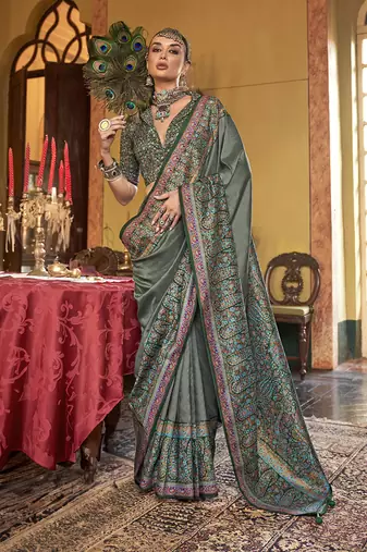 Silk blend green printed contemporary saree