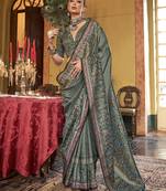 Silk blend green printed contemporary saree