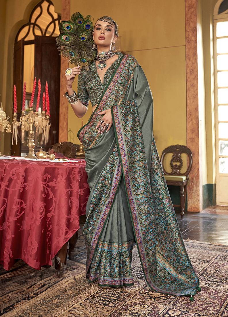 Silk blend green printed contemporary saree