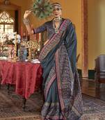 Silk blend dark grey printed contemporary saree