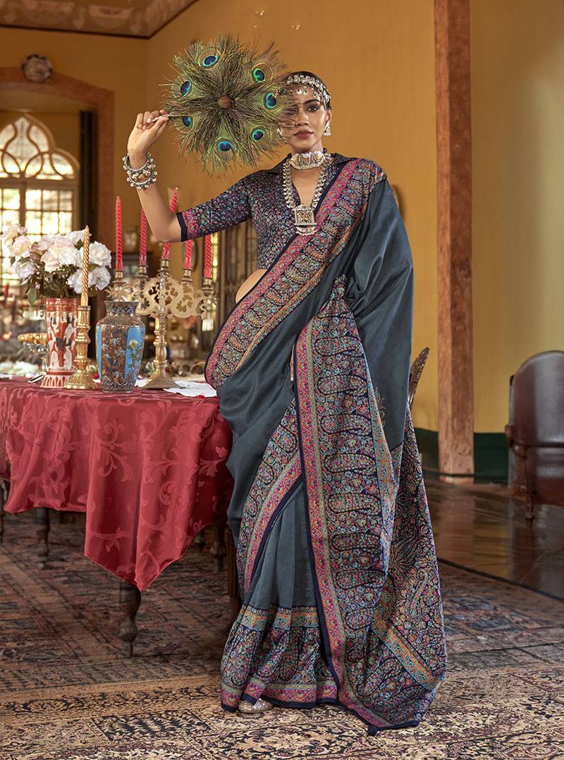 Silk blend dark grey printed contemporary saree