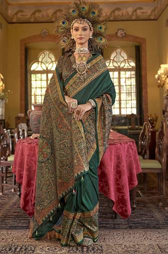 Silk blend dark green printed contemporary saree