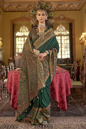 Silk blend dark green printed contemporary saree