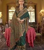 Silk blend dark green printed contemporary saree