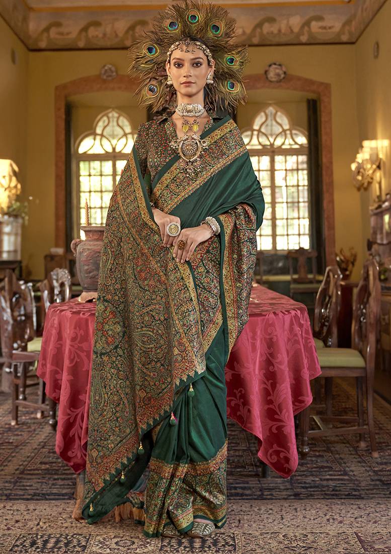 Silk blend dark green printed contemporary saree