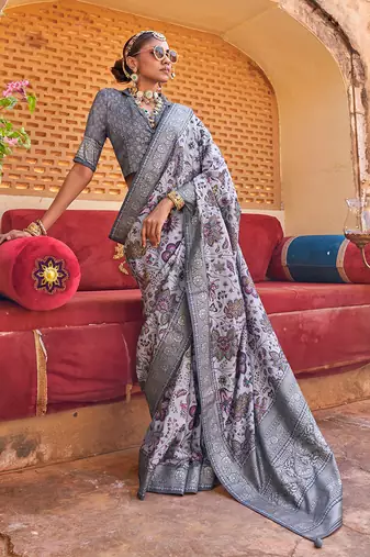 Light lavender and grey floral print silk blend saree
