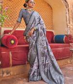 Light lavender and grey floral print silk blend saree