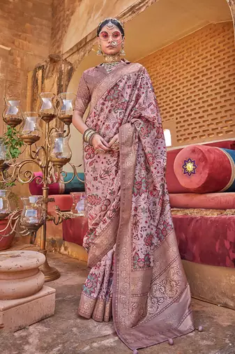 Dusty pink floral print silk blend saree