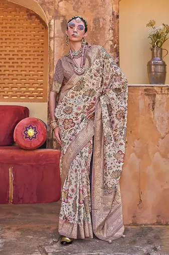 Cream floral print silk blend saree