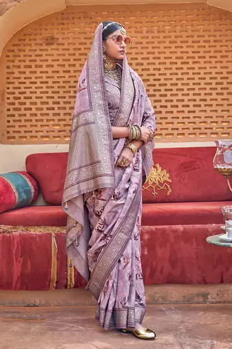 Light purple floral print silk blend saree