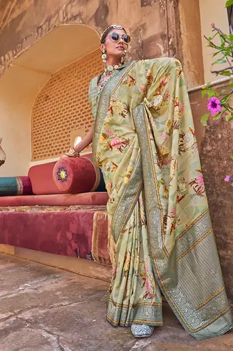 Light green floral print silk blend saree