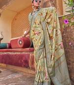 Light green floral print silk blend saree