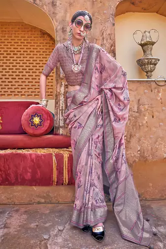 Pink floral print silk blend saree