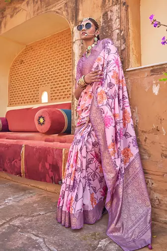 Pink floral print silk blend saree
