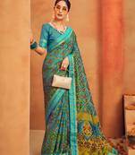 Aqua blue georgette printed saree