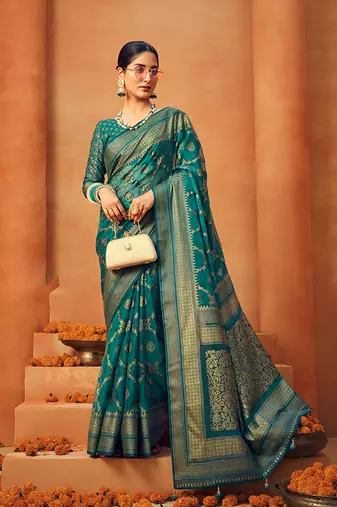 Teal georgette woven saree