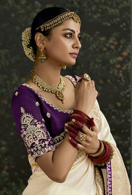 Sequins embroidered border work dola silk blend cream saree 2
