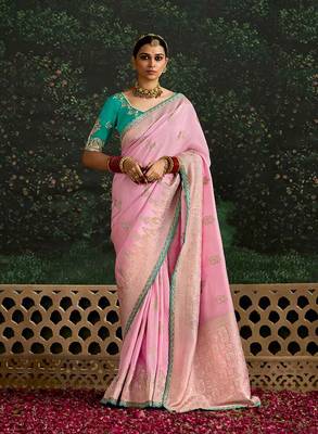 Sequins embroidered border work dola silk blend pink saree 1