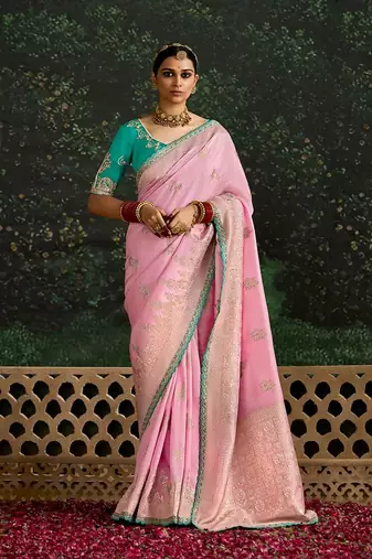Sequins embroidered border work dola silk pink saree