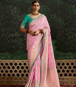 Sequins embroidered border work dola silk pink saree