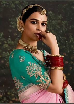 Sequins embroidered border work dola silk blend pink saree 2