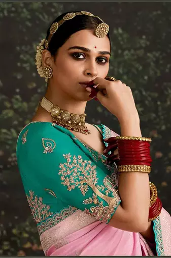 Sequins embroidered border work dola silk blend pink saree