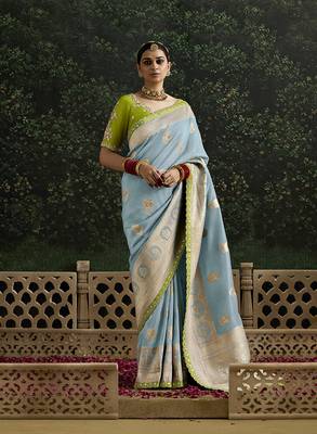 Sequins embroidered border work dola silk blend aqua blue saree 1