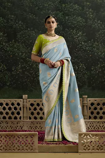 Sequins embroidered border work dola silk aqua blue saree